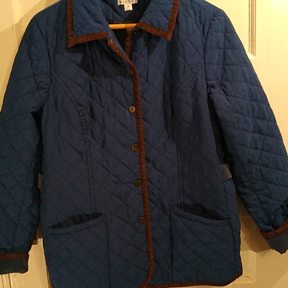 Blue topaz quilted coat brown trim Joan Rivers